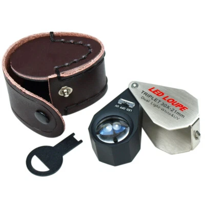 30倍放大率21毫米三重珠宝商放大镜带LED-紫外线双照明 — 第 1/4 张图片