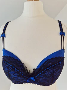 32D Ann Summers Underwired Push Up Bra Black Blue - Picture 1 of 8