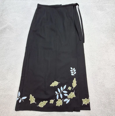 Garnet Hill Skirt Womens 10 Black Wool Blend Lined Leaf Embroidered Midi Wrap - Image 1 of 4