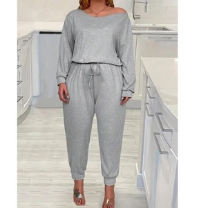 SHEIN LUNE Gray Loose Long Sleeve Waist Tie Casual Jumpsuit Size 2XL - Picture 1 of 10