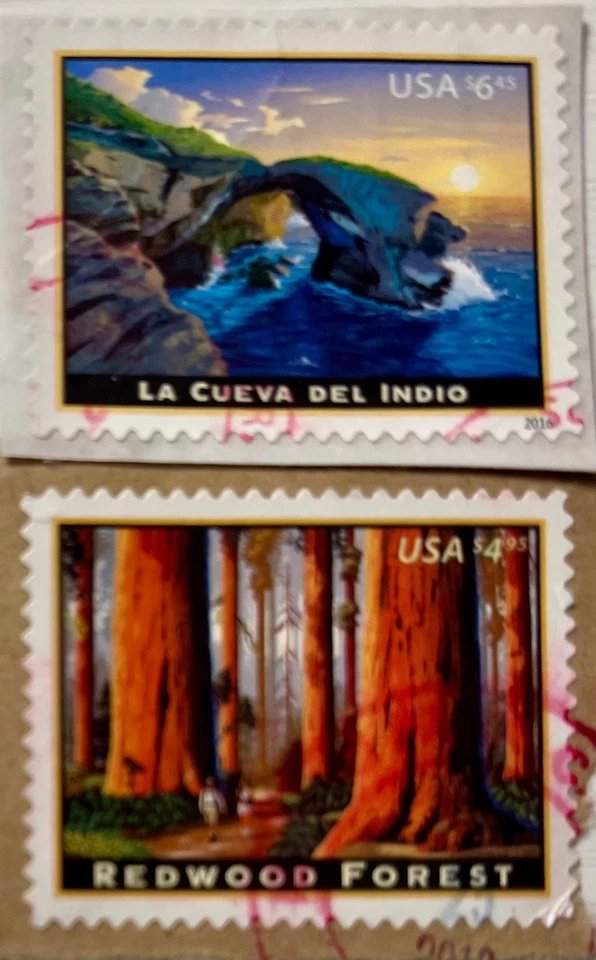 USA Priority Mail $6.45 Cueva del Indio & $4.95 Redwood Forest used - Image 1 of 1
