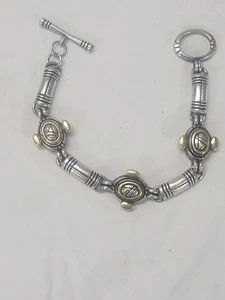 John Atencio Signed Sterling Silver 18k Gold Panel Bamboo Toggle Bracelet 8" - Picture 1 of 15