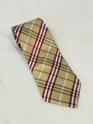 Винтажный Burberry шелковый галстук Nova чек синий и желтовато-коричневый вышитый логотип - Изображение 1 из 4