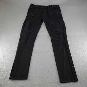Y2K Biker Jeans Mens 35x32 Black Distressed Moto Rhinestone Stripe Slim Decibel - Picture 1 of 14
