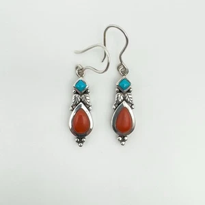 Dangly Drop Turquoise & Coral Earrings in Sterling Silver - Picture 1 of 10