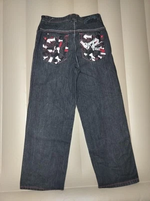 Akademiks Jeans Mens 18 Black Red White Baggy Denim Embroidered Graphic Pockets - Image 1 of 4