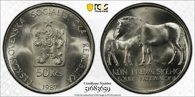 MONEDA DE 50 CORONAS DE PLATA CHECOSLOVAQUIA 1987 KM#127 CABALLOS PRZEWALSKI GRADUACIÓN PROFESIONAL MS67 Foto 1 de 3