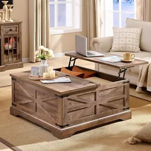 Farmhouse Lift Top Coffee Table with Storage – Rustic Wood, Light Brown - Picture 1 of 7