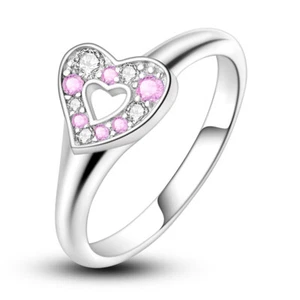 MULA New Heart Love Finger Ring Pink CZ European For Women Jewelry Silver Plated - Picture 1 of 7