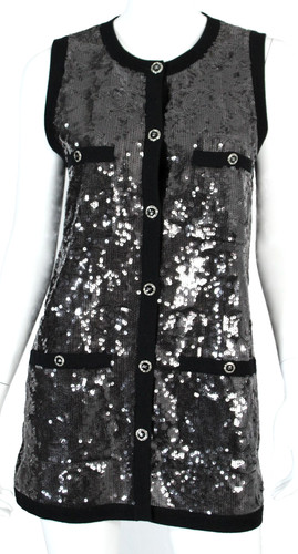 Maglione tunica senza maniche CHANEL 2022 22S nero logo CC paillettes logo bottoni 38