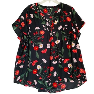 Torrid Floral Short Sleeve Top 4X Black Red V-neck Short Sleeve Relaxed Summery - Picture 1 of 6