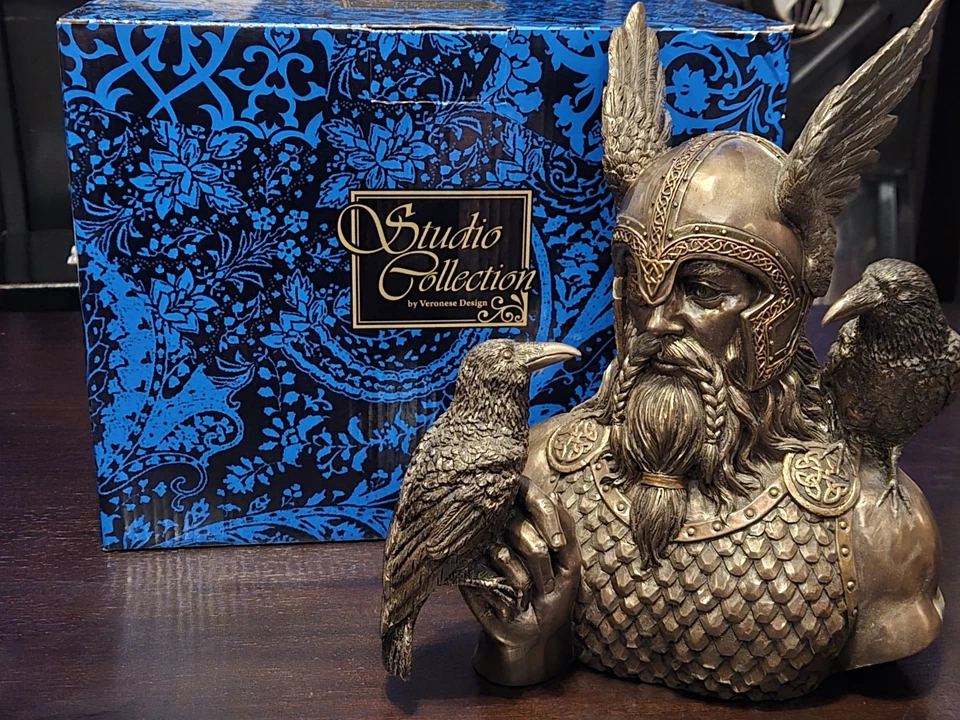 9" Busto de Odín con Cuervos Vikingo Mitología Nórdica Dios Estatua Color Bronce y Plata Foto 1 de 3