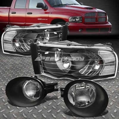 BLACK/CLEAR HOUSING HEADLIGHTS+CHROME DRL FOG LAMPS/BULB KIT FOR 02-05 DODGE RAM - Изображение 1 из 4