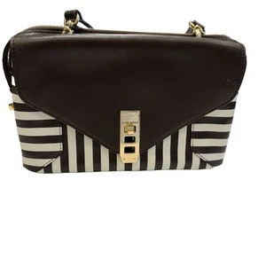 Henri Bendel Brown & Ivory Striped Leather Trim Crossbody W/ Gold Turn Locks - Picture 1 of 20