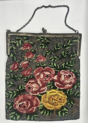 BOLSO Bolso Antiguo Vintage Art Nouveau de Noche con Cuentas Diseño Floral con Marco de Metal Foto 1 de 4