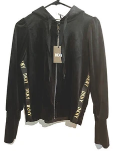 DKNY Hoodie Zip Front Velour Activewear/Athleisure Black/Gold Women's XS New - Picture 1 of 18
