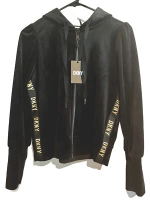 DKNY Hoodie Zip Front Velour Activewear/Athleisure Black/Gold Women's XS New - Image 1 of 4