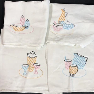 Vintage Tea Towel Set Embroidered Drinks Cocktail Pitcher Retro Pink Blue Yellow - Picture 1 of 14