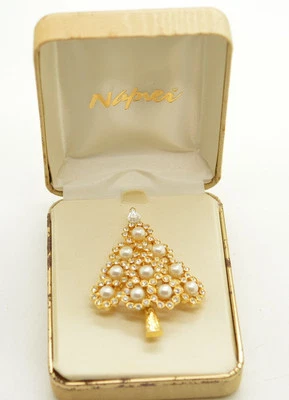 NAPIER BROCHE ALFILER ÁRBOL DE NAVIDAD Grande Dorado Imitación Perlas y Estrás Nuevo en Caja Foto 1 de 4