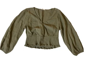 Madewell Smocked Wrap Blouse Green Cotton Long Sleeve Top Size XL - Picture 1 of 7