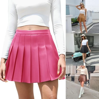 Mujeres Cintura Alta Cuero Falda Acampanada Plisada Falda Corta Tenis Lápiz Falda Foto 1 de 4