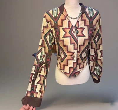 Camisa Chaqueta Vintage Roughrider Estampado Azteca Occidental Con Cordones Espalda Hecha en EE. UU. L Foto 1 de 4