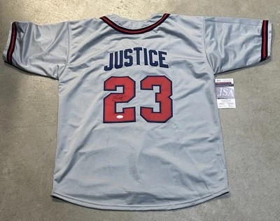 Camiseta personalizada firmada por David Justice de los Atlanta Braves JSA Foto 1 de 4