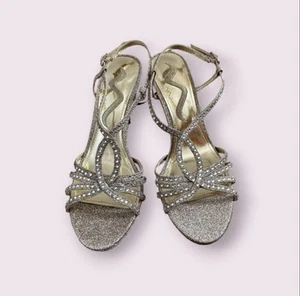 NINA New York Champagne Dressy Heels Sandals Rhinestone Sparkle Size 7.5 Strappy - Picture 1 of 4