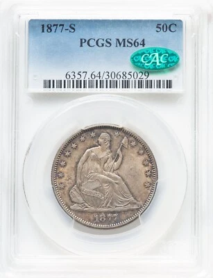 1877-S 50C Silver Seated Liberty PCGS MS64 CAC Bronze Toning Stunning Luster - Image 1 of 3