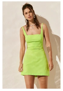 Free People Little Loca A Line Mini Abito Cotone Spalline Schiena Nuovo Verde Lime M - Foto 1 di 13