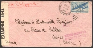 CLIPPER SUSPENDED SERVICE Cover New York to FRANCE 10-12-1942 because war WWII - Picture 1 of 2