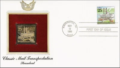 Steamboat River Boat 1813 Classic Mail USA Golden Gold 22k Plated Stamp FDC 1989 - Image 1 of 2
