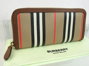BURBERRY ELLERBY TAN LEATHER ICON STRIPE CANVAS ZIP AROUND CONTINENTAL WALLET - Picture 1 of 13