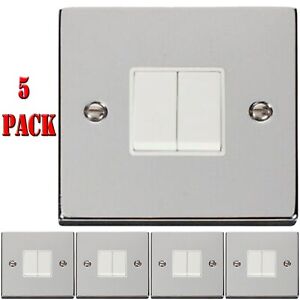 Pack of 5 2 Gang Double Electric Switch 2way Socket Brushed Chrome White Insert