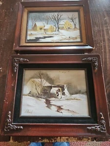 Vtg Two New England Winter Scenes Farm & Mill Signed Paintings On Canvas Framed - Picture 1 of 17