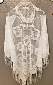 Shawl White Womens Fringe Lace Wrap Scarf Floral Heart Scallop 70" Long Soft - Picture 1 of 15