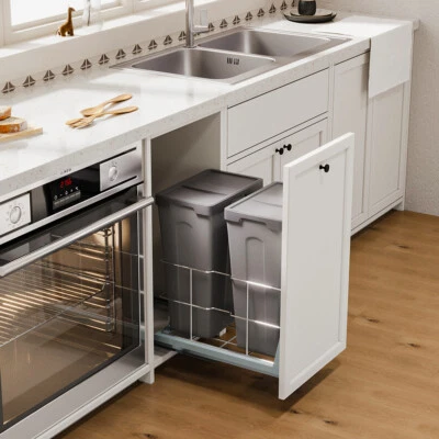 2x Pull Out Trash Can Under Cabinet w/ Lid Recycling Container Kitchen Waste Bin - Image 1 of 4
