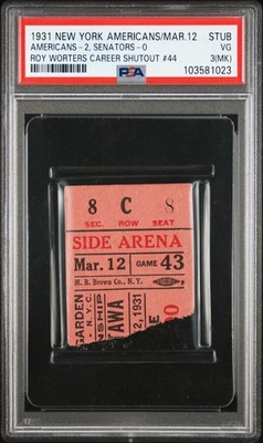3/12/1931 ROY WORTERS Career SHUTOUT #44 Ticket STUB NY AMERICANS HOF **PSA** - Image 1 of 2