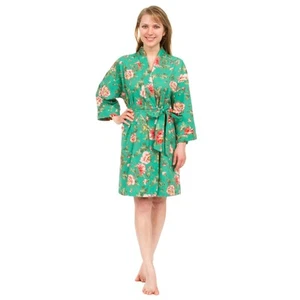 Leisureland Women's Cotton Poplin Robe, Short Kimono Floral Green one size(s-xl) - Picture 1 of 5