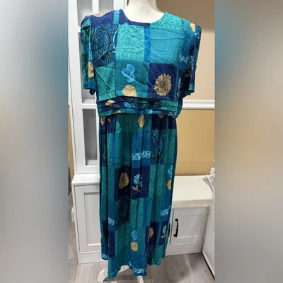 Vestido patchwork floral vintage anos 90 camada havaiana Karin Stevens azul-petróleo tamanho 14 - Imagem 1 de 4