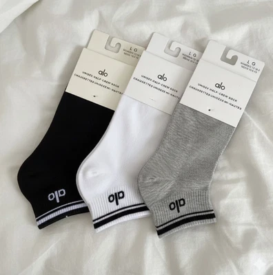 ALO Yoga Socks 3-Pack Unisex Half-Crew Throwback Black White Gray Size L NWT - Image 1 of 4