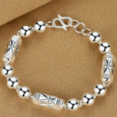 Pure S999 Fine Silver 999 Chain Men Women Hexagon Beads Link Bracelet All Size - Image 1 of 4