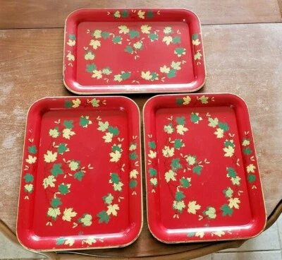 VINTAGE SET OF 3 METAL RECTANGULAR SERVING TRAYS RED WITH LEAVES TOLE WARE - Image 1 of 4