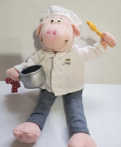 10 Zoll Le Chef uniformiertes Plüschtier Stofftier Schwein mit Topf & Löffel ~ Vintage - Bild 1 von 9