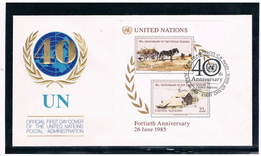 NACIONES UNIDAS (Nueva York) 1985 40 Aniversario S/S FDC CV $1,50 Foto 1 de 1