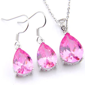 Classic Best Gift Sweet Teardrop Pink Topaz Gems Silver Earrings Pendants Sets - Picture 1 of 8