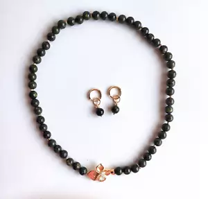 New Set Necklace natural gemstone Serpentine hypoallergenic Earring Gold Plated - Picture 1 of 12