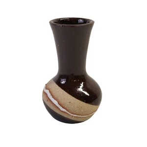 Vintage Pottery Bud Vase Studio Art Stoneware Brown Tan White Signed Decorative - Picture 1 of 9