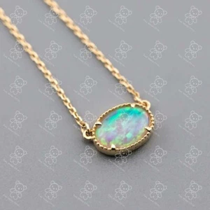 Minimalist Oval Shaped Australian Opal Necklace 18K Yellow Gold - Picture 1 of 5