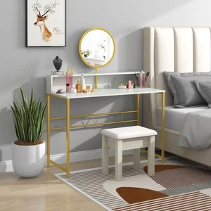 Modern Dressing Table W/ Open Storage Round Mirror Faux Marble Bedroom White - Picture 1 of 11